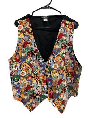 111 Main 1X Multicolor Button Front Vest Tapestry Print Kitschy Boho Vintage